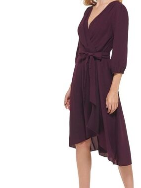 Tommy Hilfiger Plum Faux Wrap Midi Dress Long Sleeve Tie Waist